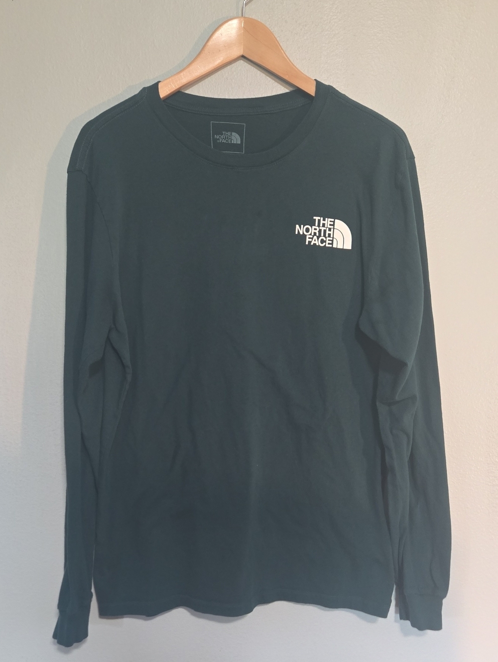 Mens The North Face Long Sleeve T-Shirt - Dark Green with White Logo In Size Med